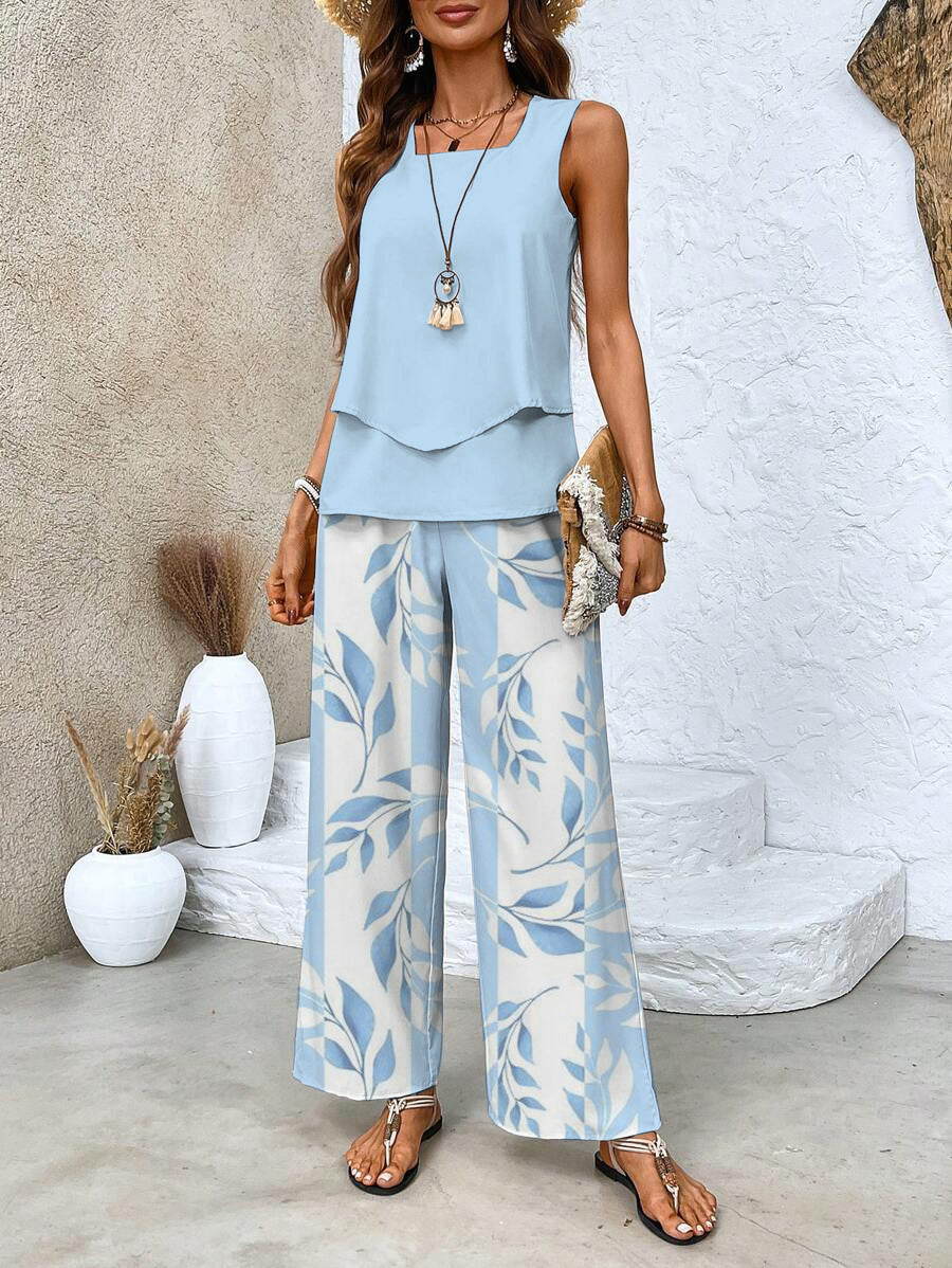 Sleeveless Layered Top and Leaf Print Wide Leg Pants Two Piece Set