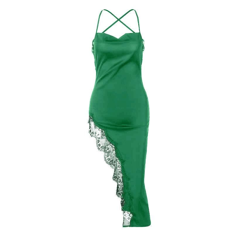 Satin Cowl Neck Spaghetti Strap Lace Trim Cross Back Midi Dress - View 7