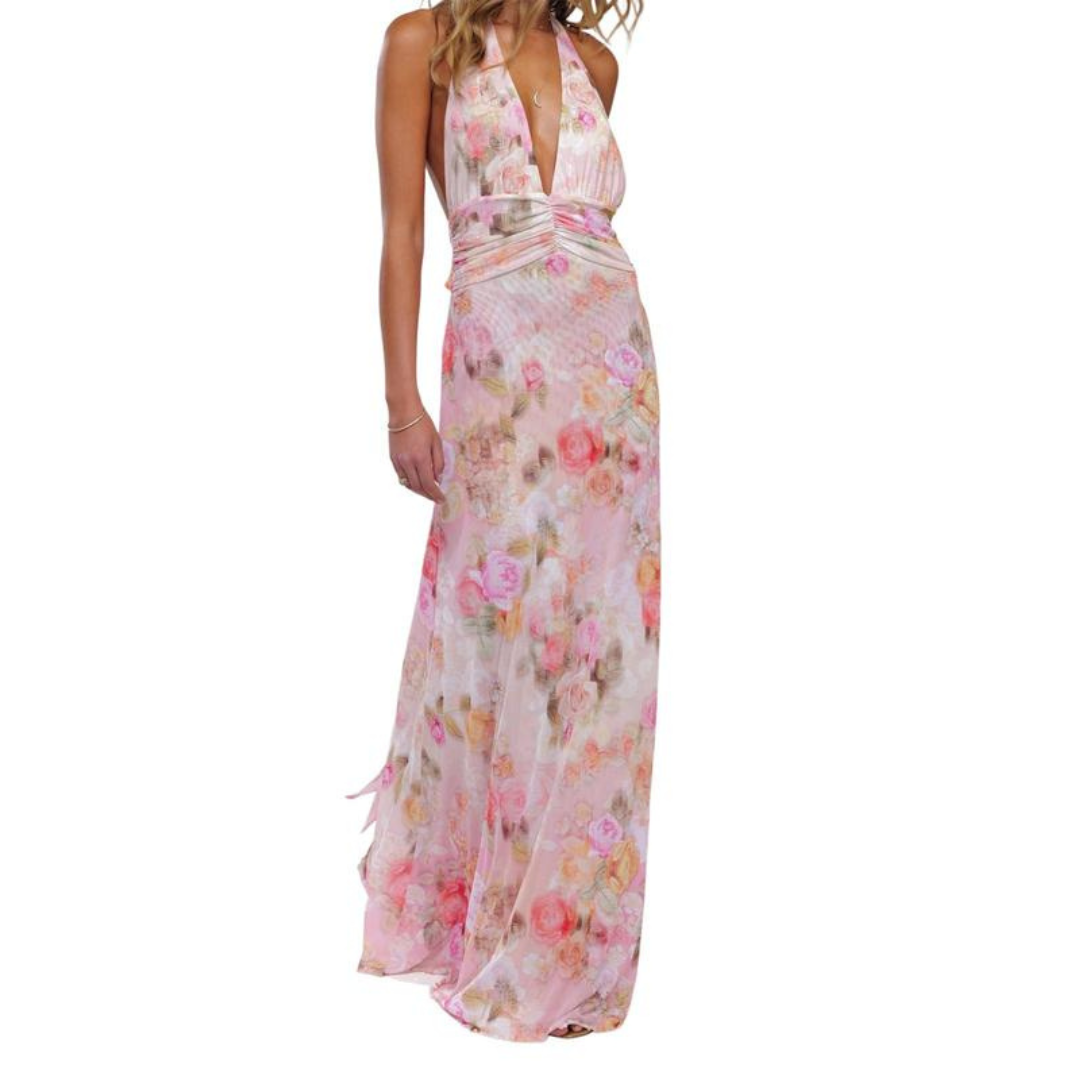 Floral Halter Neck Deep V-Neck Ruched Maxi Dress