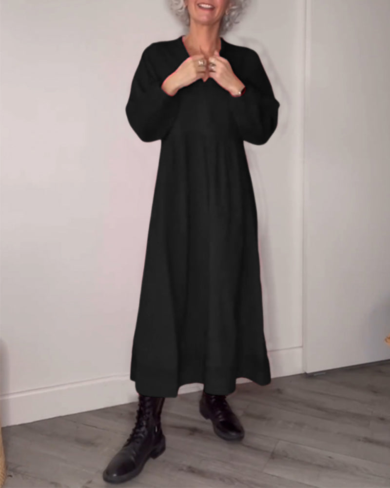Deep V-Neck Bishop Sleeve Empire Waist Smock Linen Look Maxi Dress - View 5