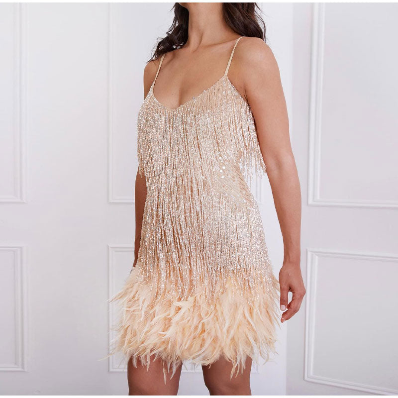 Fringe Tassel Feather Hem Spaghetti Strap V-Neck Mini Party Dress - View 12