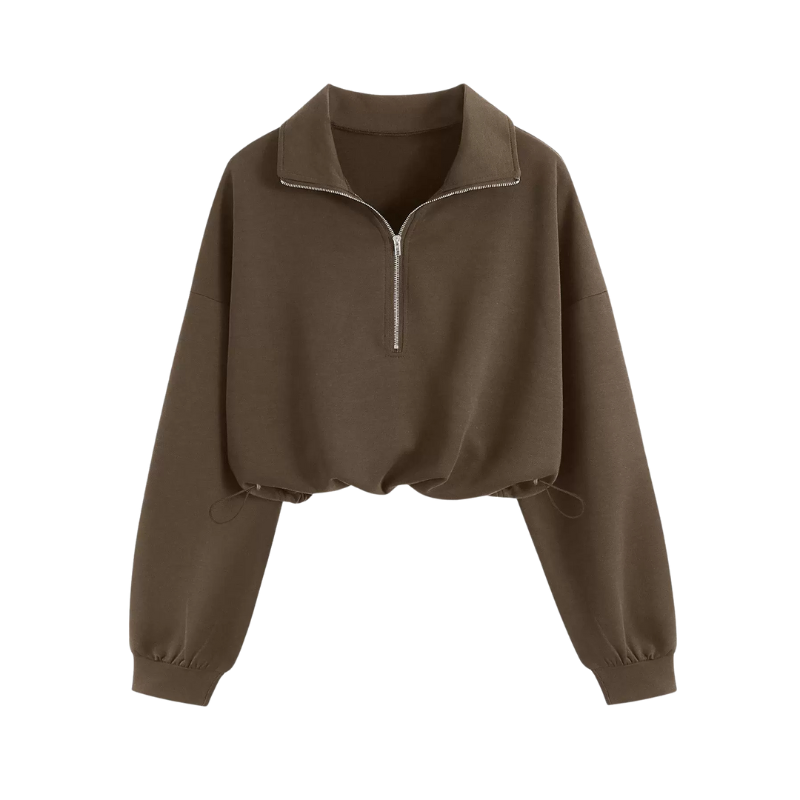 Quarter Zip Collared Drawstring Cropped Sweatshirt