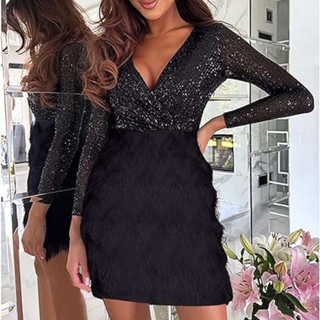 Sequin Wrap Deep V-Neck Long Sleeve Faux Cocktail Mini Dress - View 21