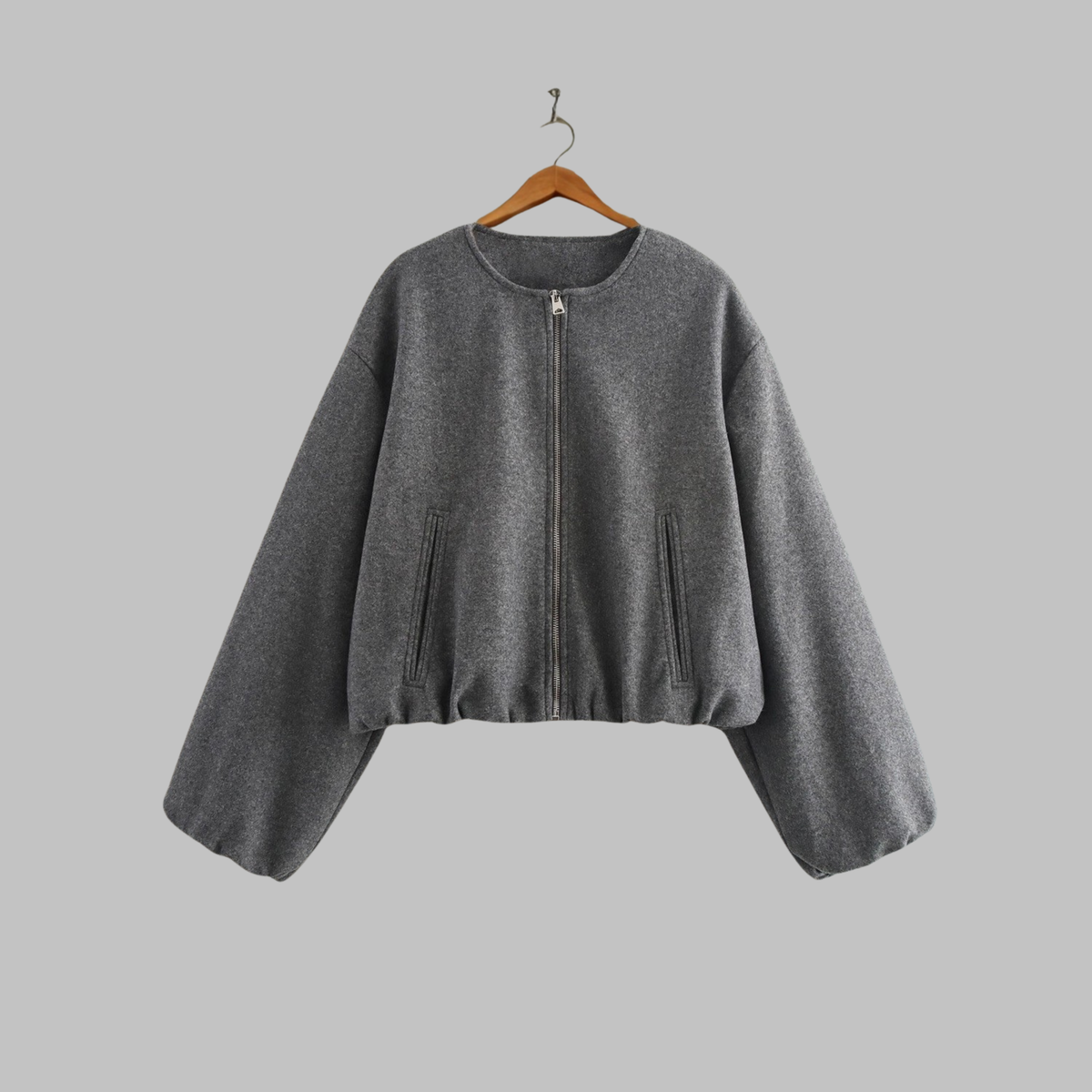 Zip Front Balloon Sleeve Cropped Wool Look Bomber Jacket