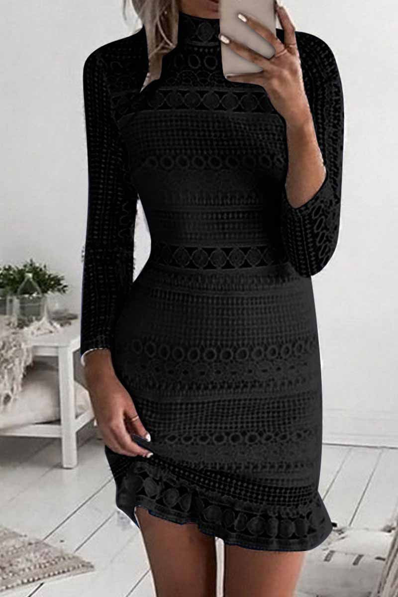 Mock Neck Long Sleeve Crochet Lace Ruffle Hem Bodycon Dress