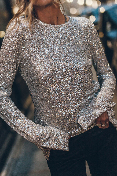 Sequin Round Neck Long Sleeve Mini Party Dress - View 6