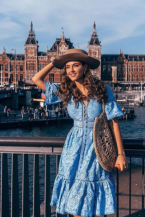 Crochet Lace V-Neck Short Sleeve Button Front Maxi Dress 2