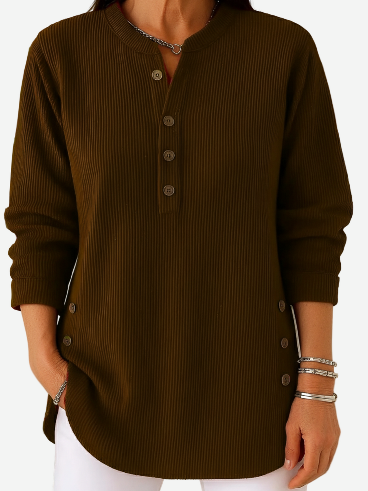 Button Henley Long Sleeve Ribbed Knit Top 6