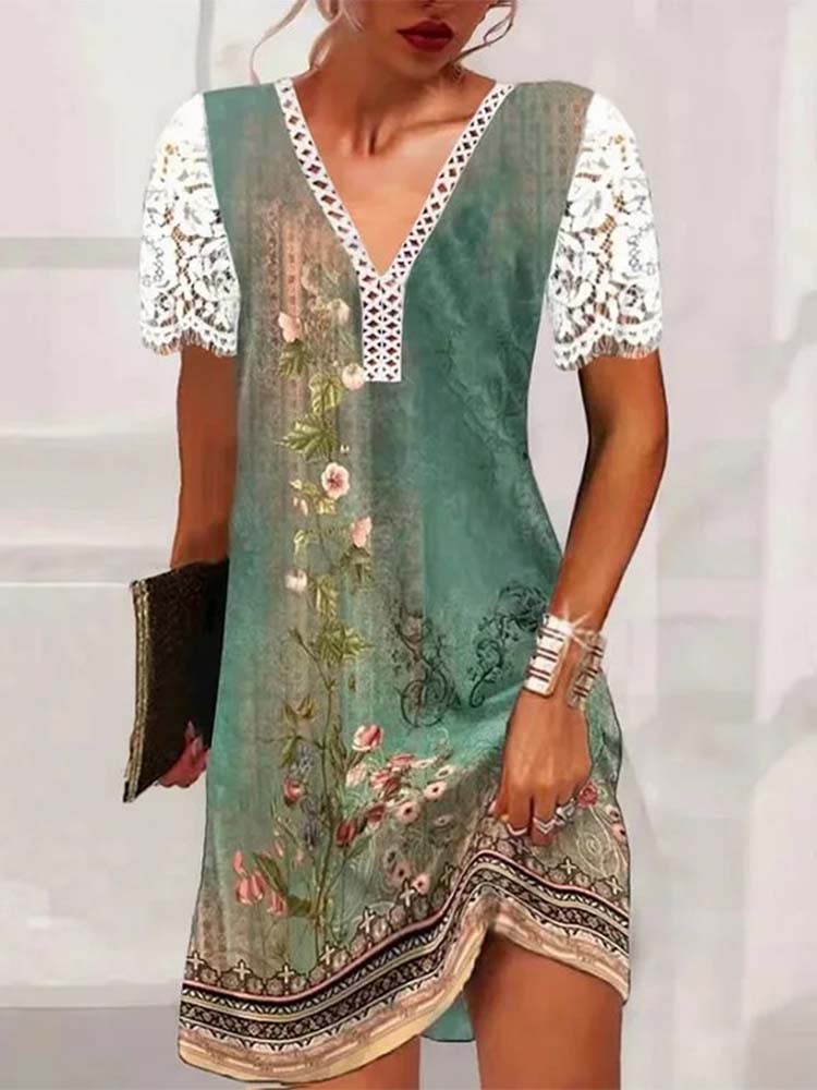 Lace Patchwork V-Neck Short Sleeve Mini Dress