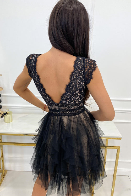 Lace Bodice V-Neck Cap Sleeve Tie Waist Tiered Tulle Mini Dress 7