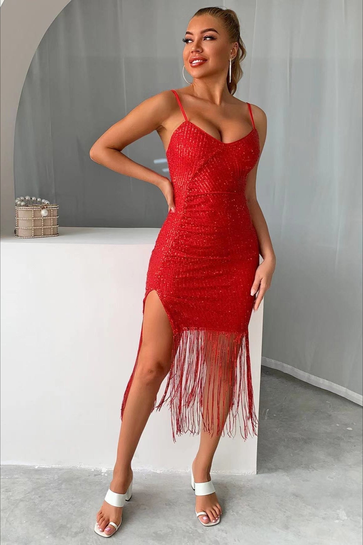Spaghetti Strap Deep V-Neck Sequin Fringe Bodycon Mini Party Dress - View 5