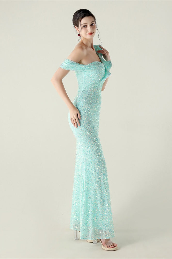 Sequin One Shoulder Ruffle High Split Mermaid Gown in Red - View 22