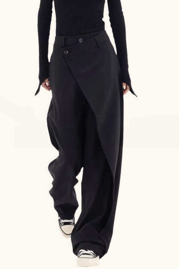 Asymmetric Layered Button Loose Wide Leg Pants-1