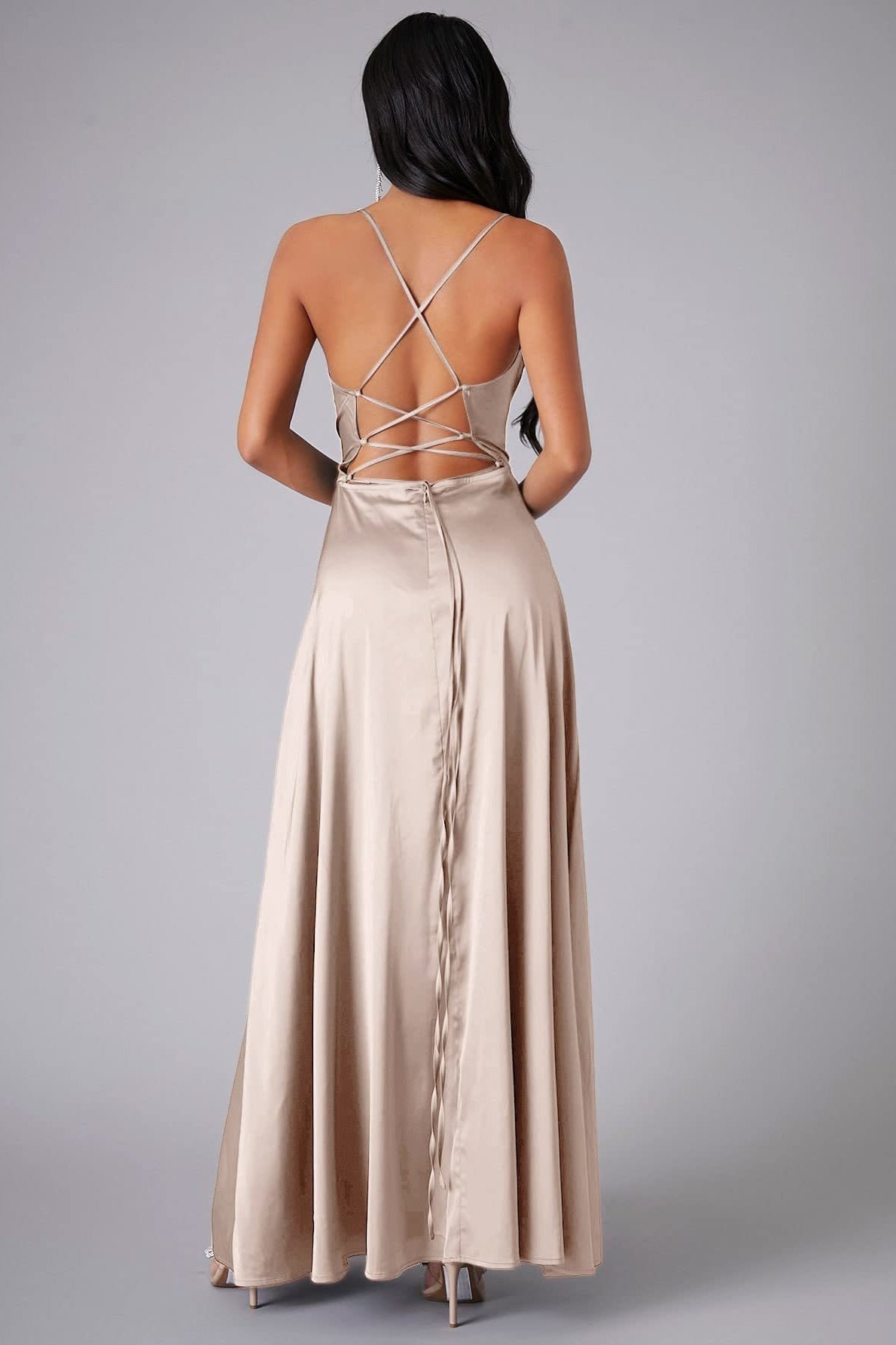Satin Cowl Neck Spaghetti Strap High Split Maxi Formal Dress - View 4