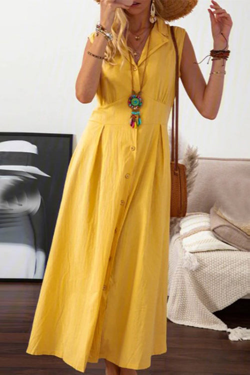 V-Neck Lapel Collar Sleeveless Button Front A-Line Midi Dress - View 7