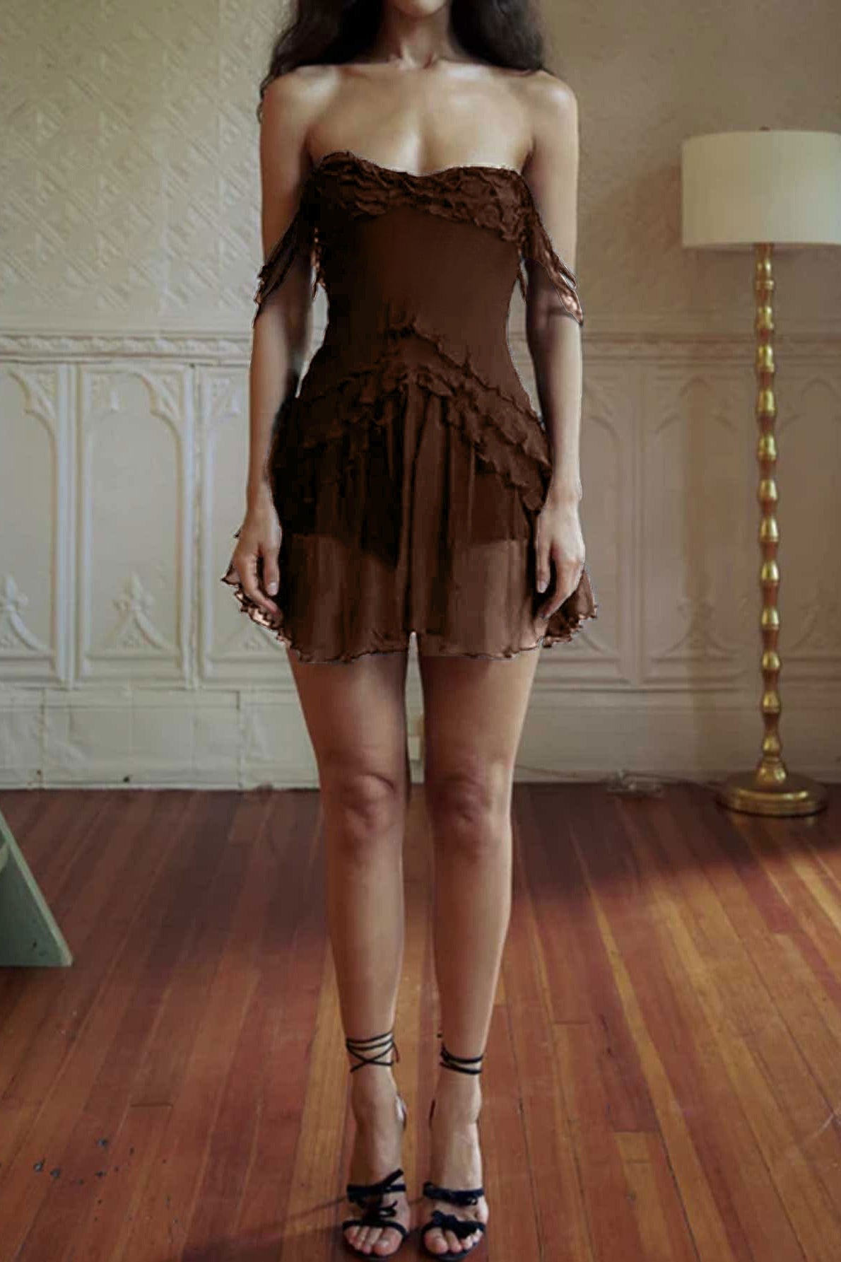 Sheer Mesh Off Shoulder Ruffle Ruched Bodycon Mini Dress - View 8