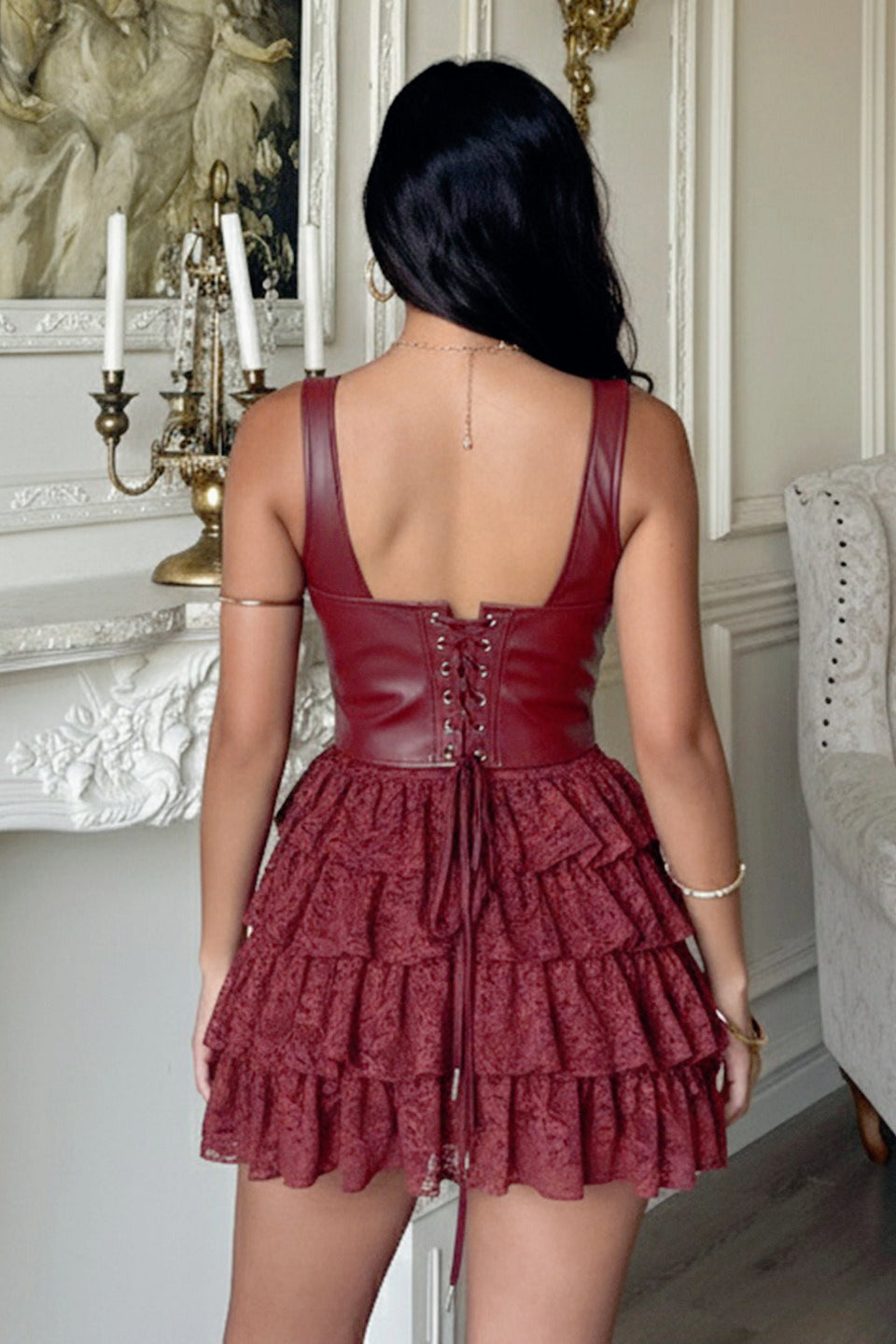 Faux Leather Corset Bustier Tiered Lace Ruffle Mini Dress - View 3