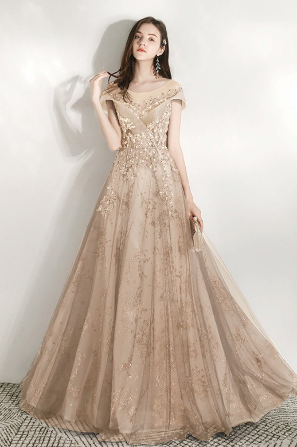 Off Shoulder V-Neck Beaded Tulle A-Line Prom Gown - View 4
