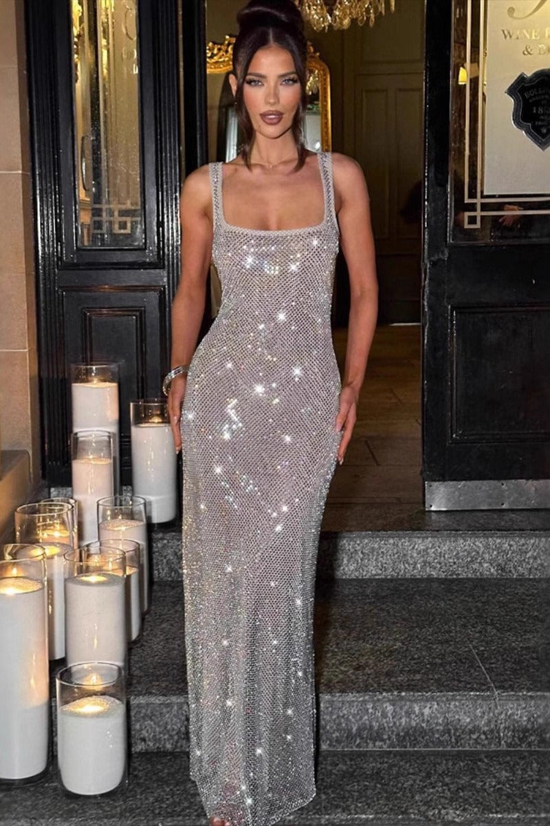 Rhinestone Mesh Square Neck Bodycon Maxi Dress