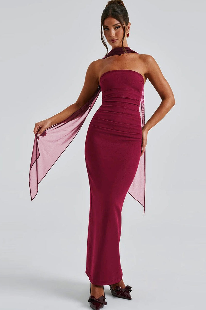 Strapless Choker Neck Ruched Sheer Glove Bodycon Maxi Dress - View 6