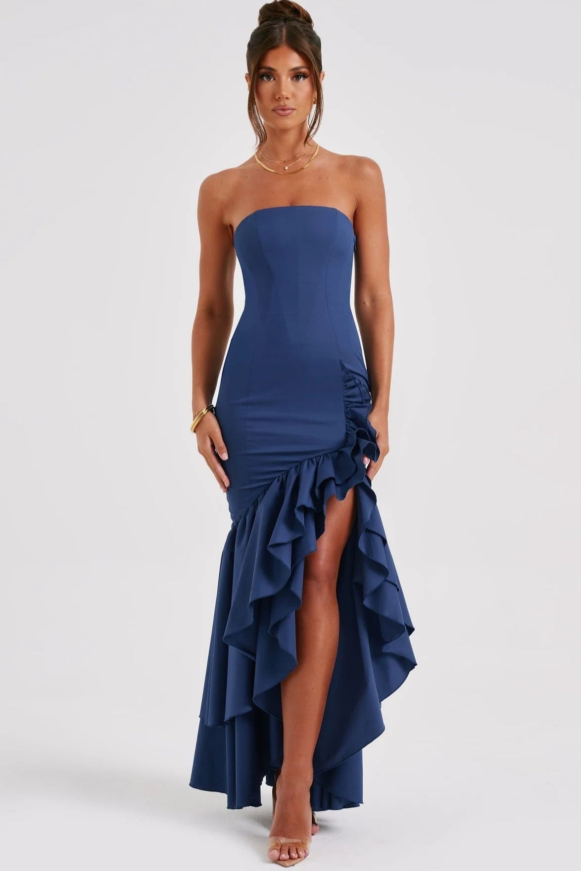 Strapless Contrast Ruffle High Low Bodycon Maxi Dress 4