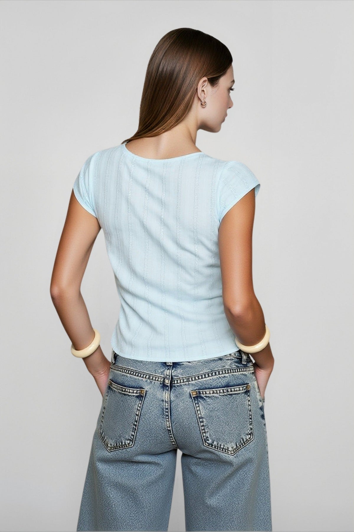 Deep V-Neck Cap Sleeve Lace Trim Button Front Top 5
