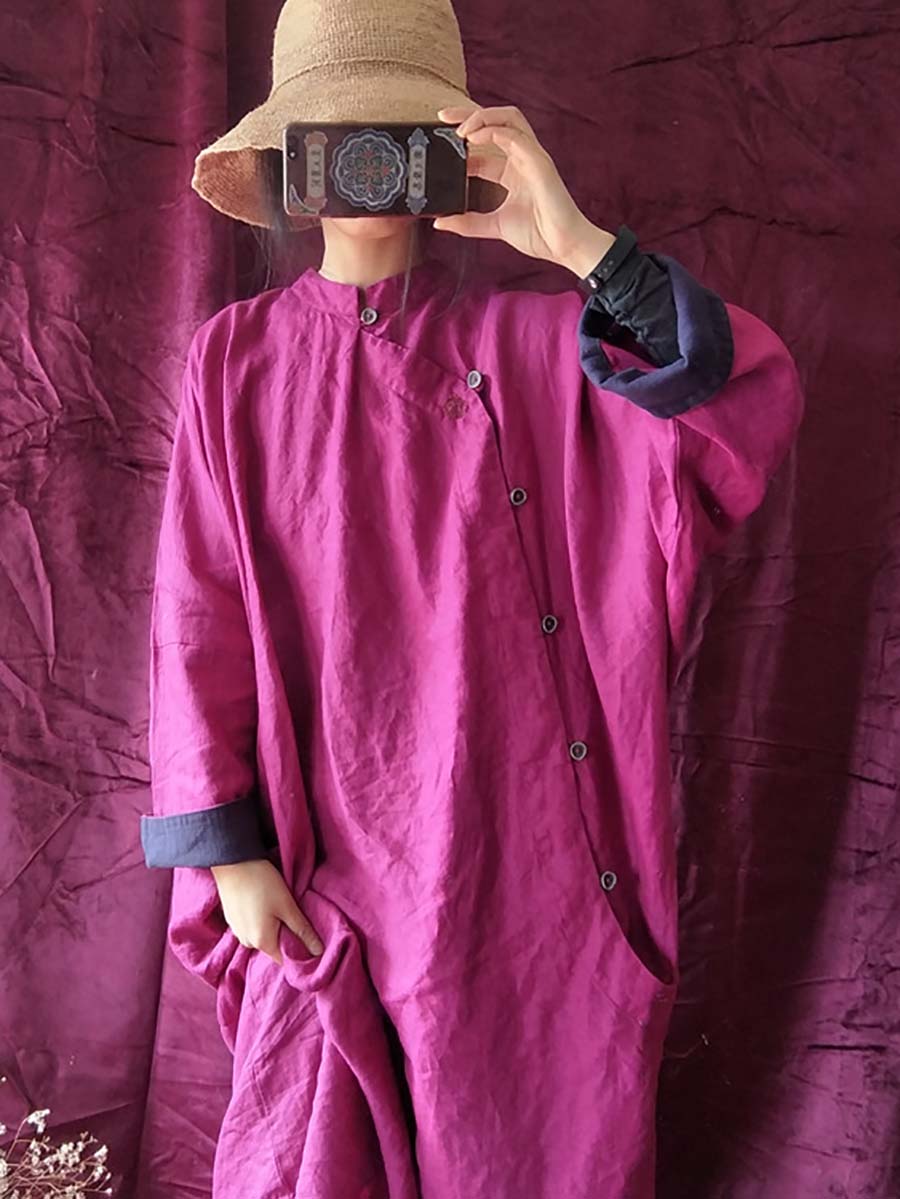 Mandarin Collar Long Sleeve Side Button Oversized Shirt Maxi Dress - View 6