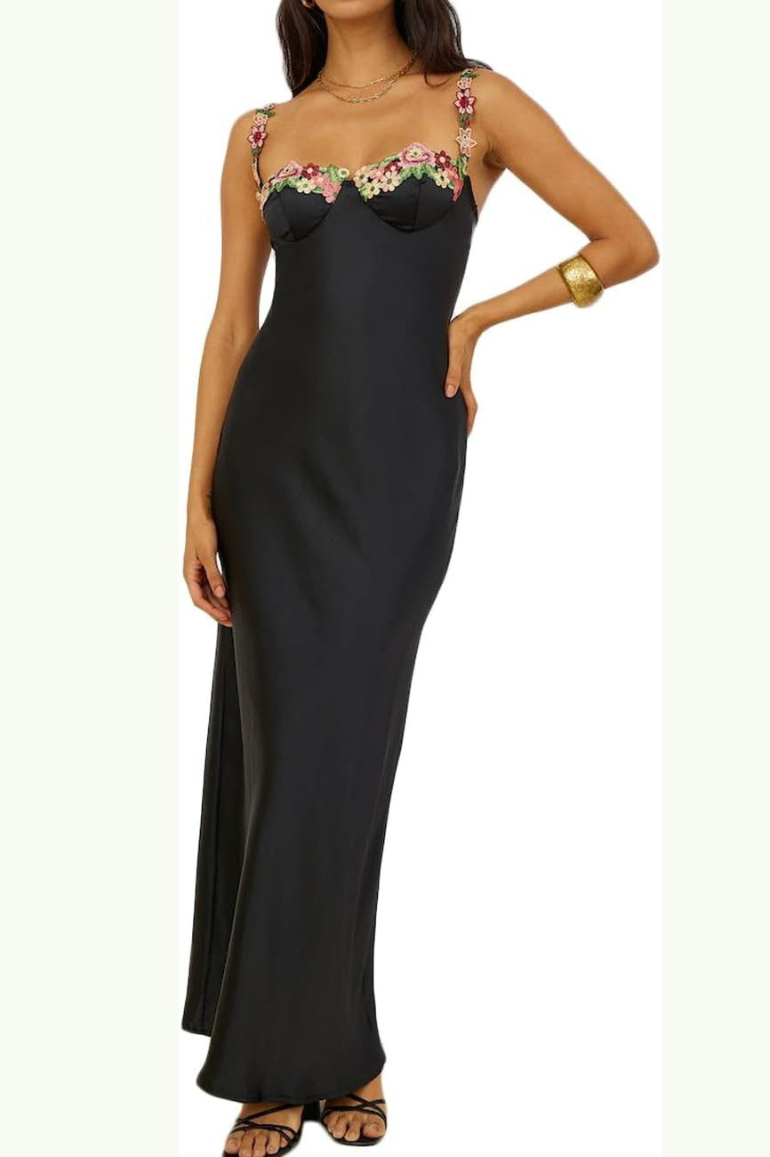 Bodycon Backless Satin Lace-Trim Cami Maxi Silk Dress - View 4