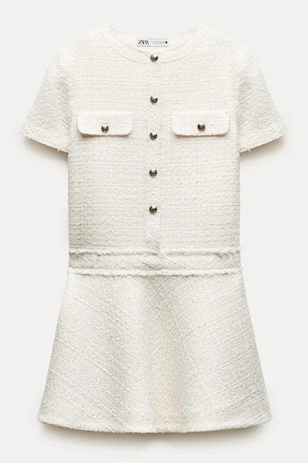 Textured Boucle Gold Button Short Sleeve A-Line Mini Dress - View 12
