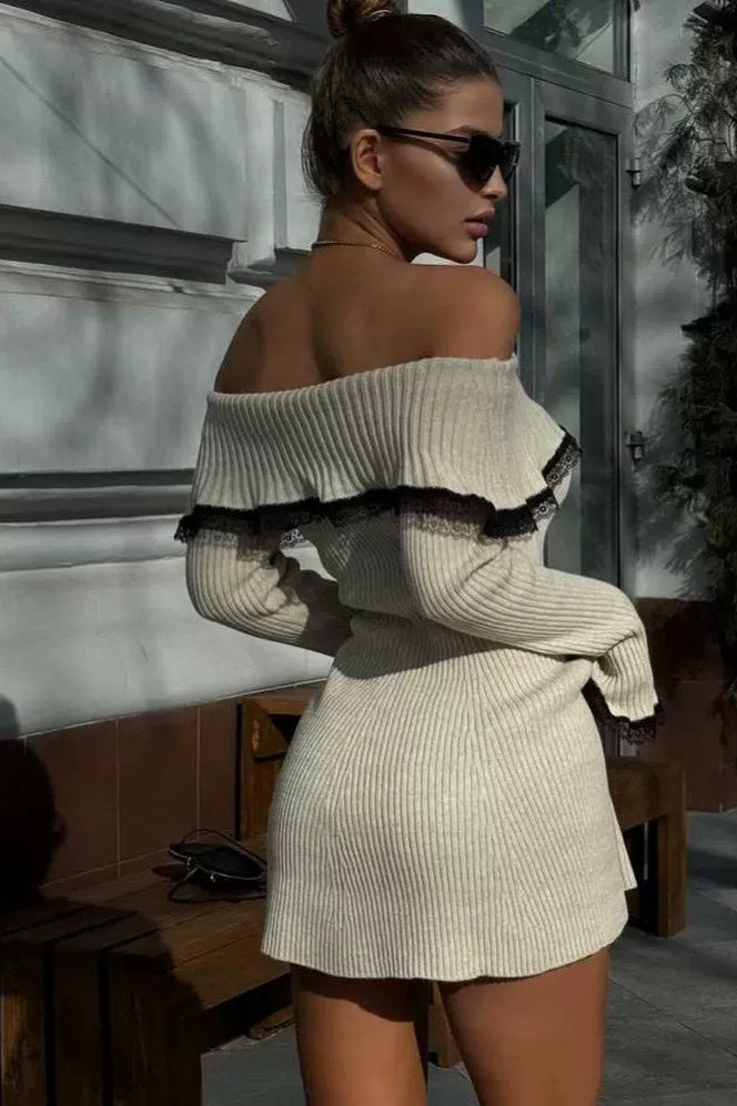 Lace-Trimmed Knit Off-Shoulder Mini Sweater Dress - View 2