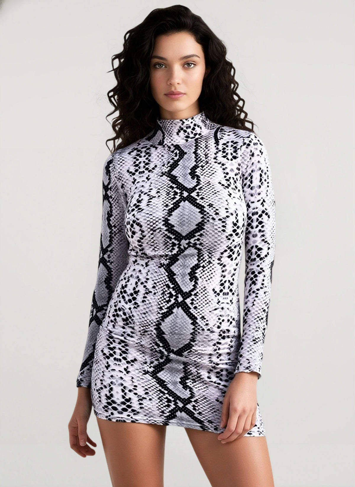 Snake Print Mock Neck Long Sleeve Bodycon Mini Dress