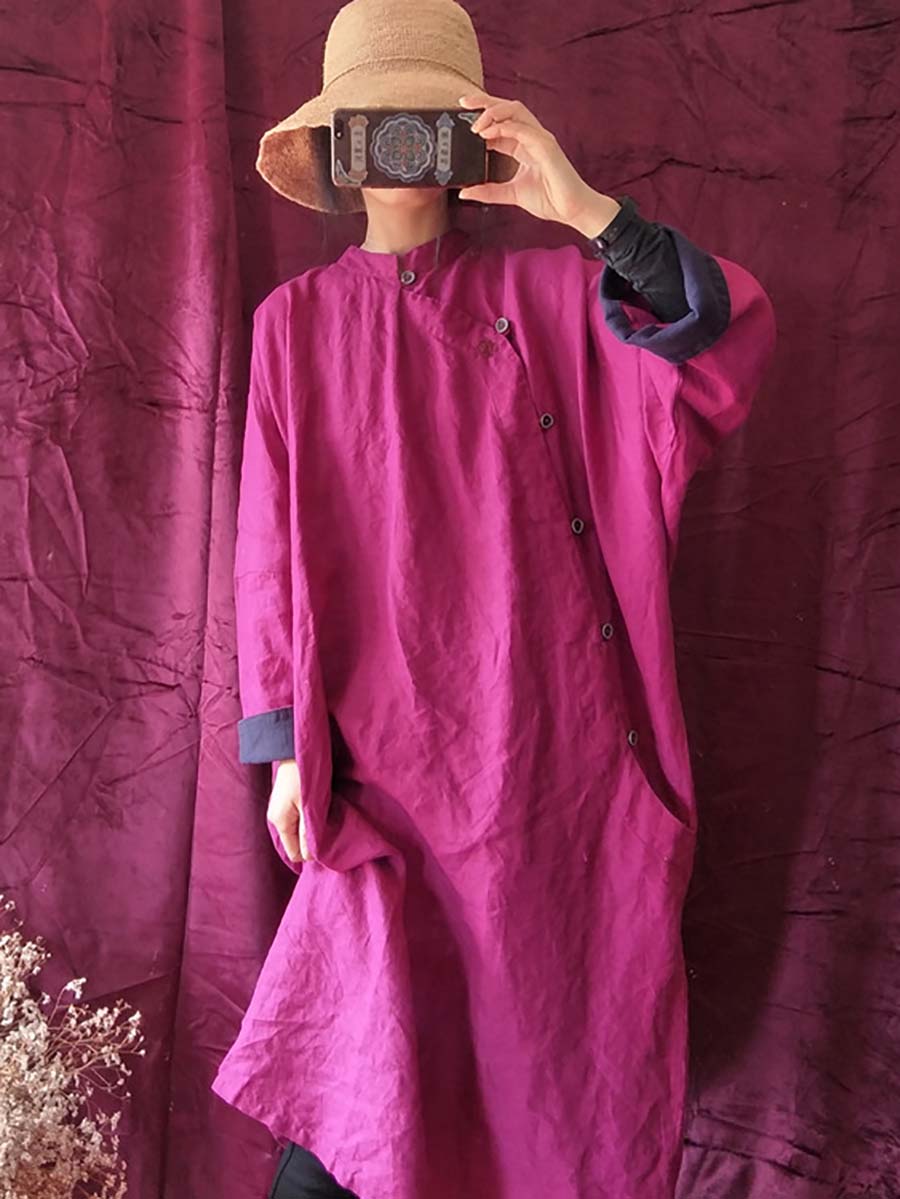 Mandarin Collar Long Sleeve Side Button Oversized Shirt Maxi Dress - View 3