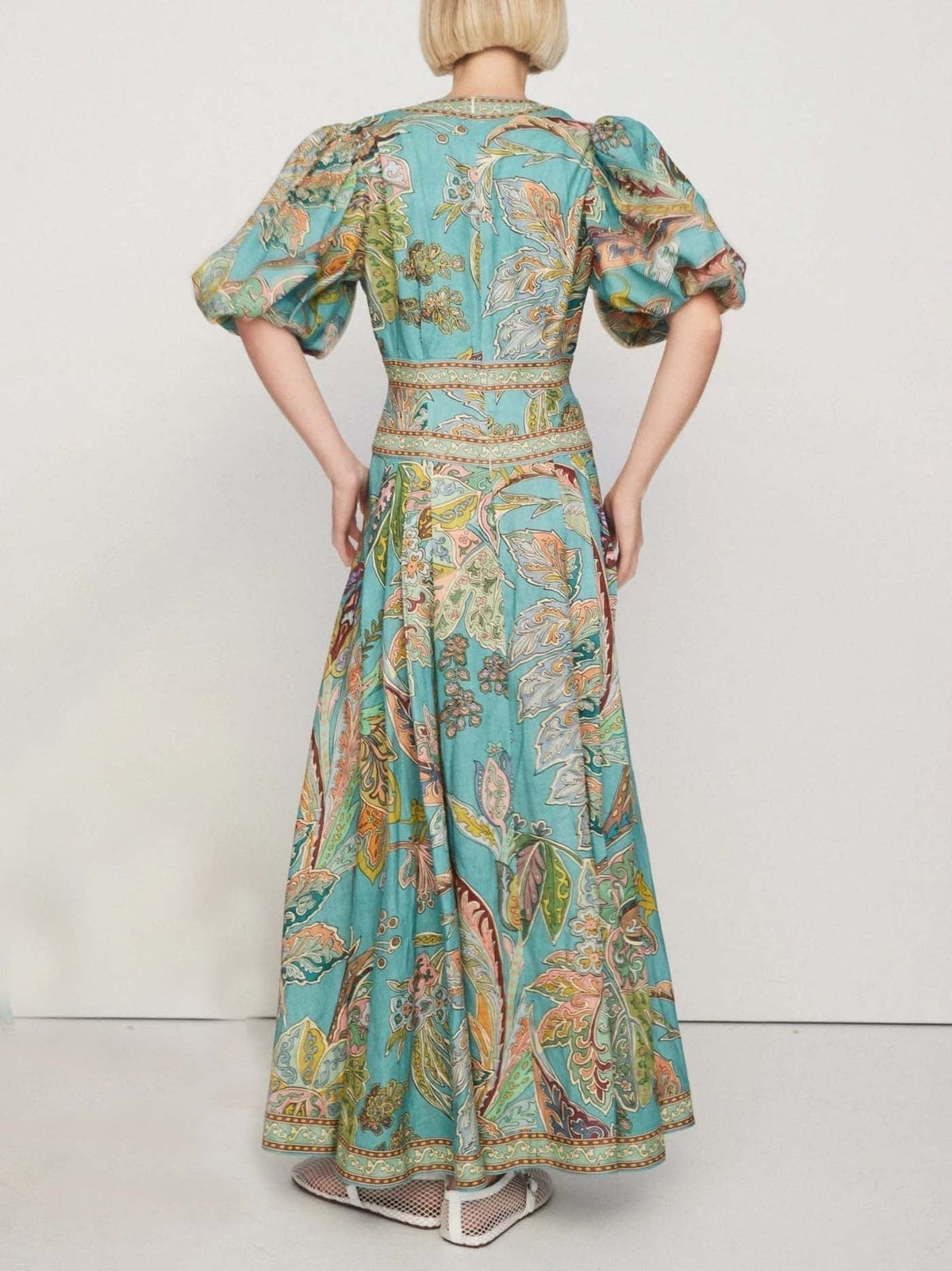 Satin Floral Print Puff Sleeve Midi Dress - View 3
