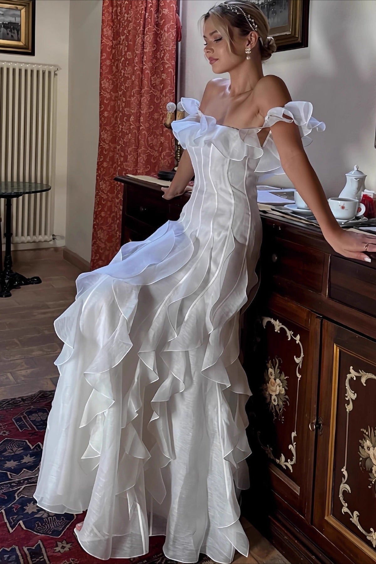 Strapless Off Shoulder Ruffle Cascade High Split Wedding Gown 2