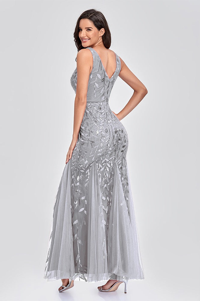 Sequin V-Neck Embroidered Mermaid Maxi Prom Dress - View 12