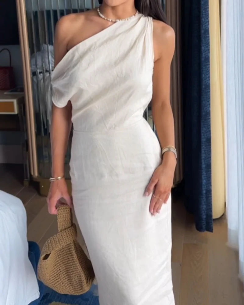One Shoulder Draped Column Maxi Summer Dress - View 2