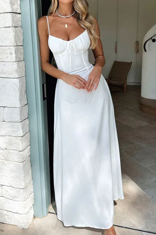 Satin Spaghetti Strap Sweetheart Tie Front Mermaid Maxi Dress - View 3