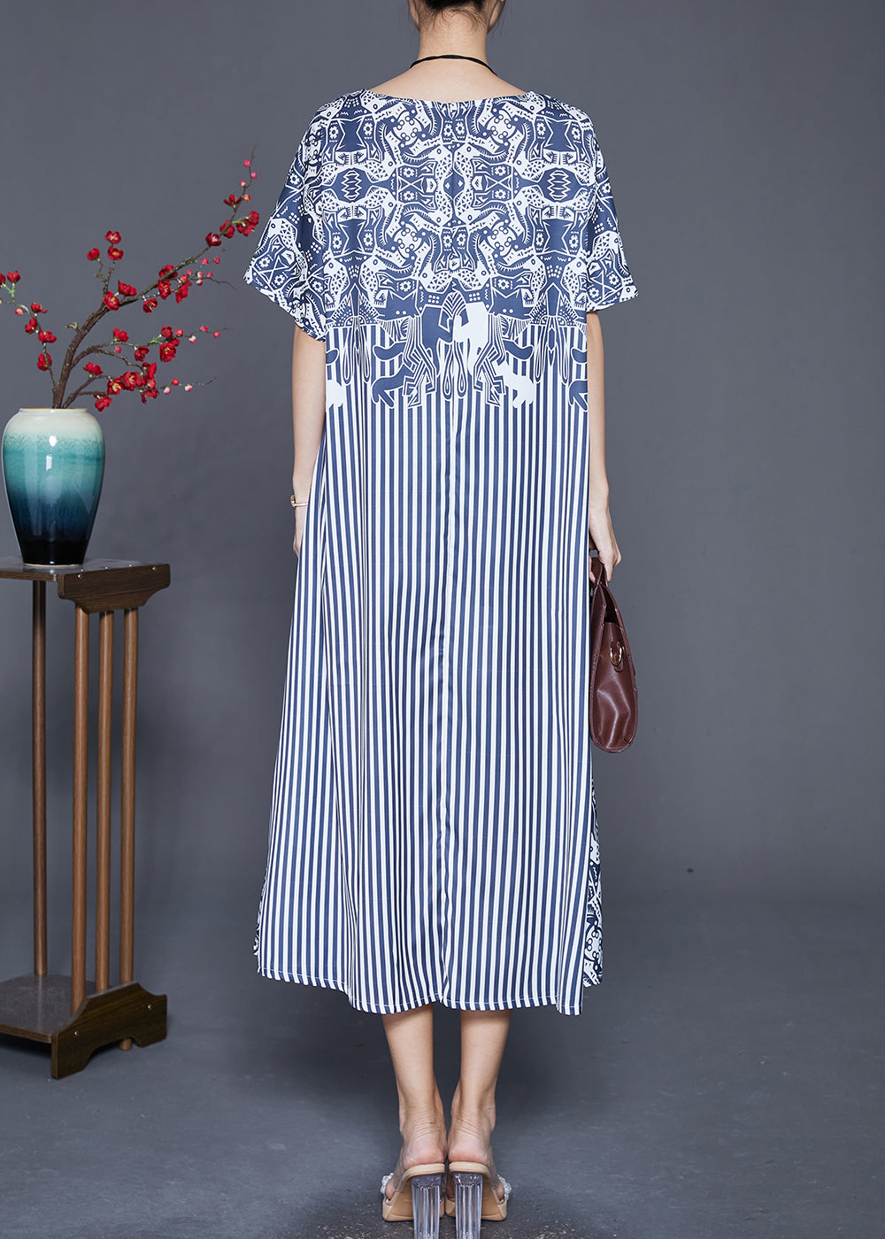Mixed Print Folk Motif Vertical Stripe Patchwork Midi Dress - View 4