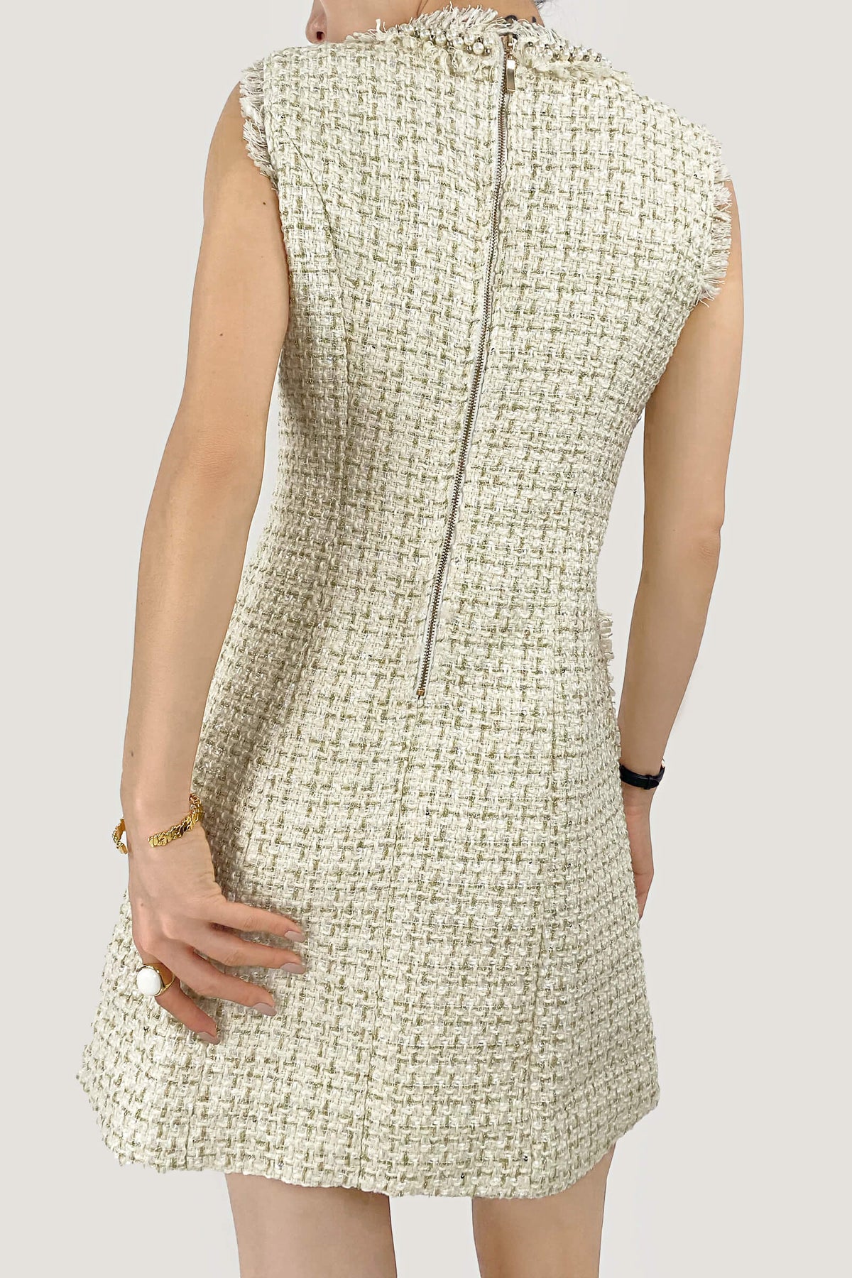 Pearl Collar Raw Fringe Trim Tweed Sleeveless Mini Dress - View 5
