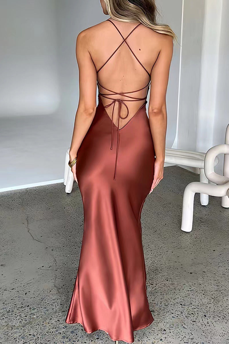 Satin Scoop Neck Spaghetti Strap Lace Up Back Bias Cut Slip Maxi Dress - View 4