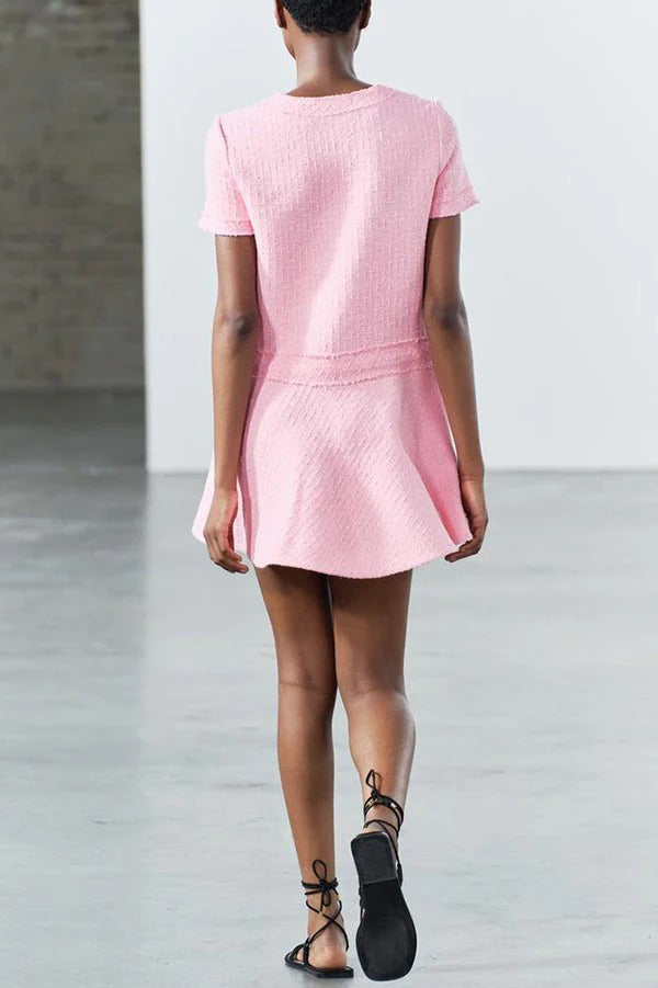 Textured Boucle Gold Button Short Sleeve A-Line Mini Dress - View 11
