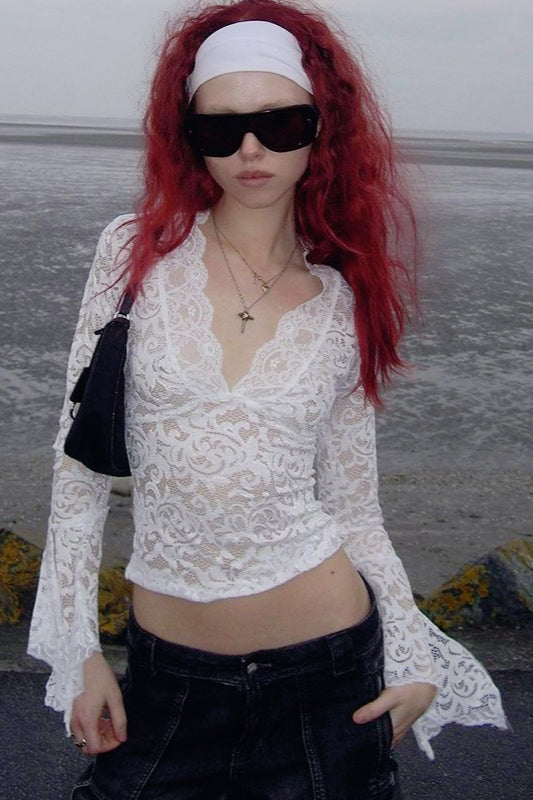 V-Neck Long Sleeve Sheer Lace Top 2