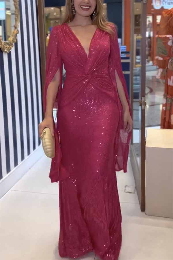 Sequin Deep V-Neck Cape Sleeve Twist Waist Maxi Dress - View 6