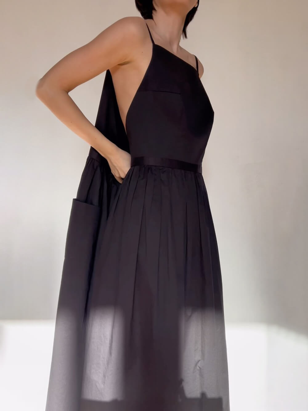 Spaghetti Strap Square Neck Tie Belt Side Pocket Maxi Dress - View 5