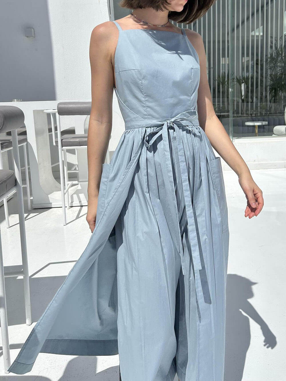 Spaghetti Strap Square Neck Tie Belt Side Pocket Maxi Dress - View 14