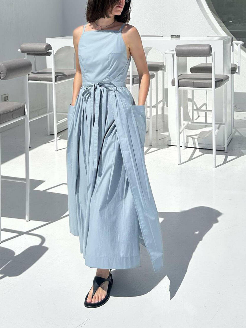Spaghetti Strap Square Neck Tie Belt Side Pocket Maxi Dress - View 15