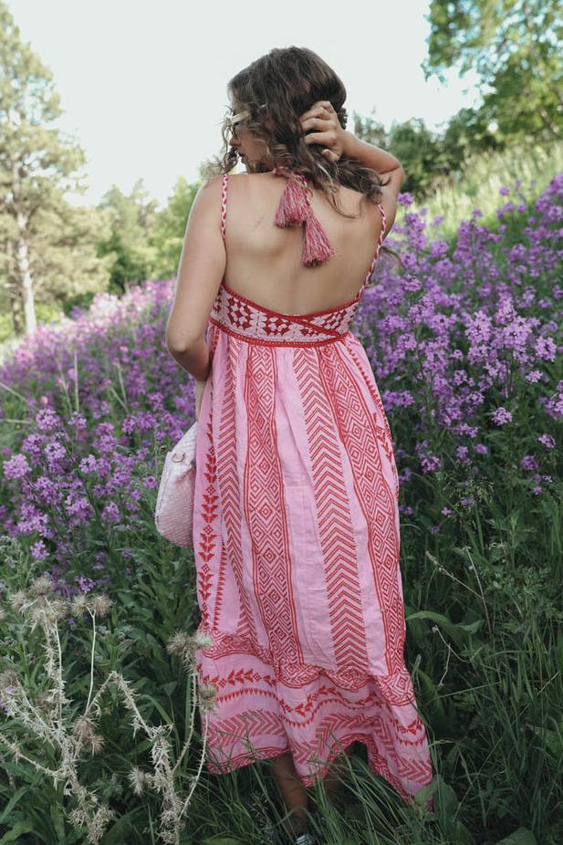 Embroidered Halter Neck Backless Maxi Dress