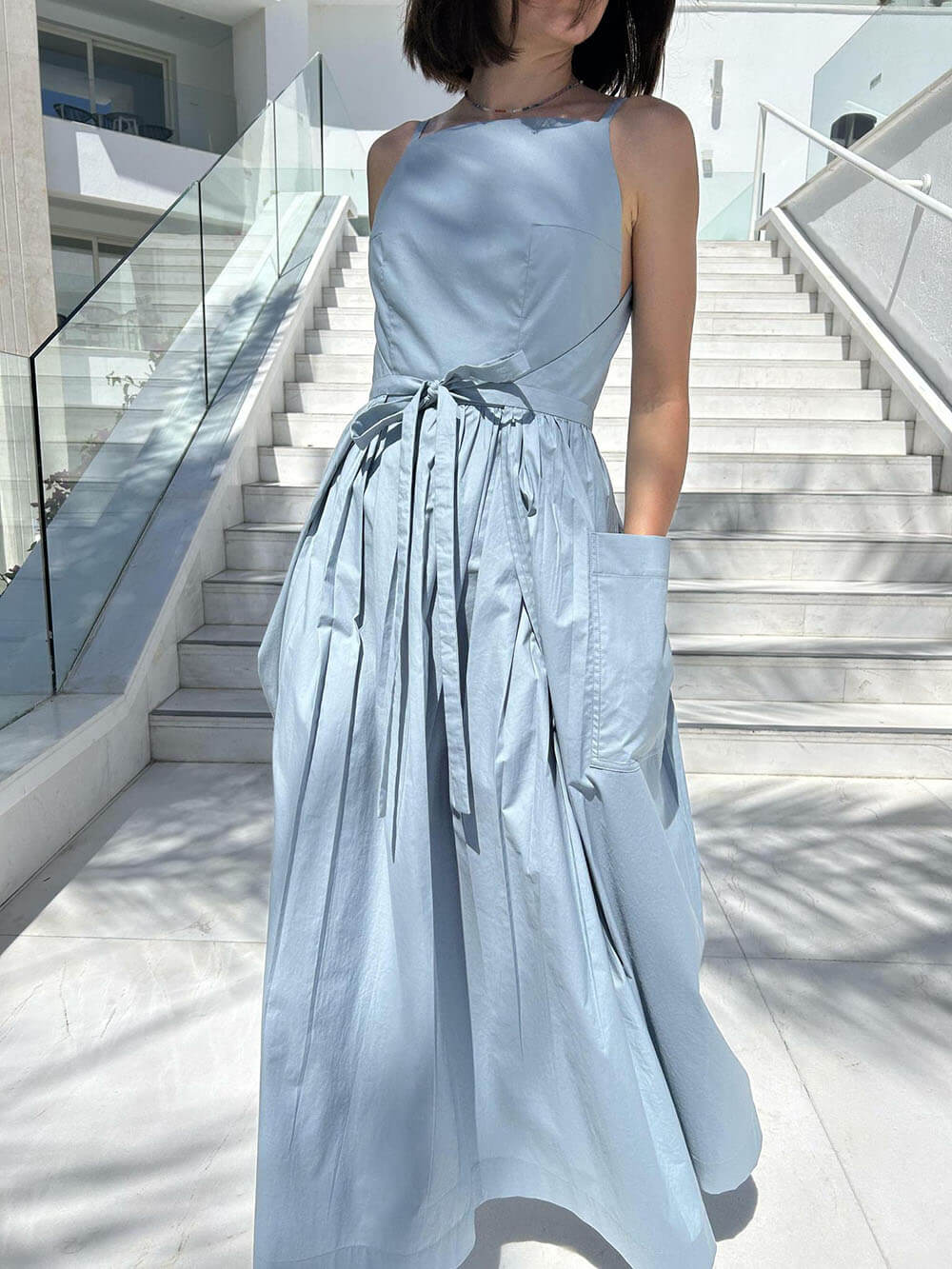 Spaghetti Strap Square Neck Tie Belt Side Pocket Maxi Dress - View 22