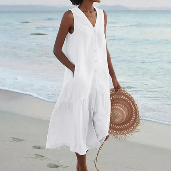 V-Neck Button Front Sleeveless Tiered Pocket Shift Midi Summer Dress - View 4