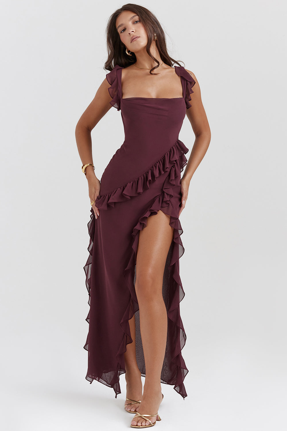 Chiffon Square Neck Ruffle Strap High Split Maxi Gown - View 2